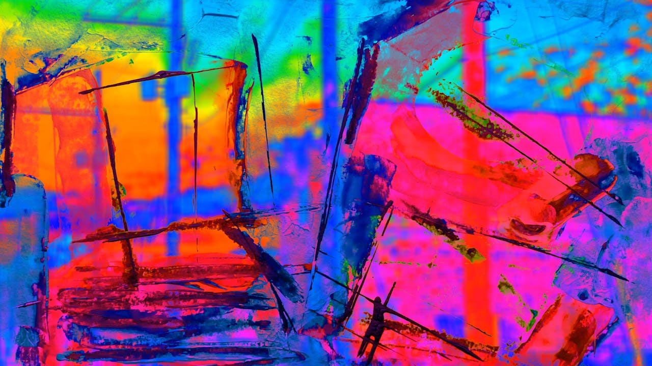 Offerings A vibrant and colorful abstract painting with vivid hues and dynamic brush strokes.