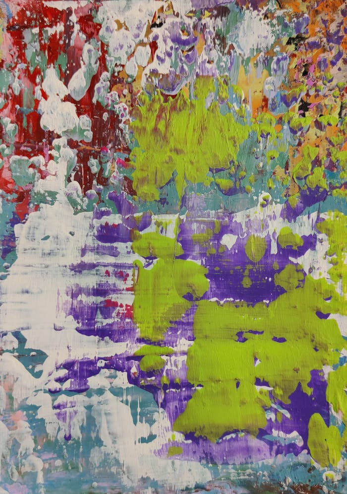 Offerings A lively abstract painting featuring vibrant colors and dynamic textures on canvas.