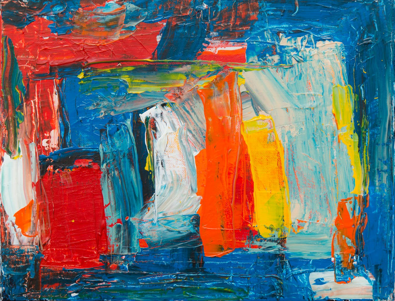 A bold and colorful abstract acrylic painting using expressive brush strokes.